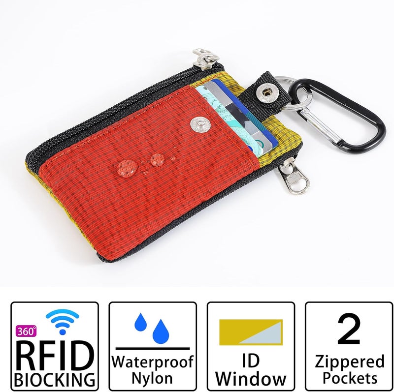 MASAPHIL MASAPHlL Small Lanyard Wallet for Women/Men with RFID Blocking ID Card Wallet, Minimalist Nylon Zipper Pouch, Travel Neck Wallet with Keychain, ID Window for Card,Coin,Cash (Deep red+Golden Yellow) - Image 4